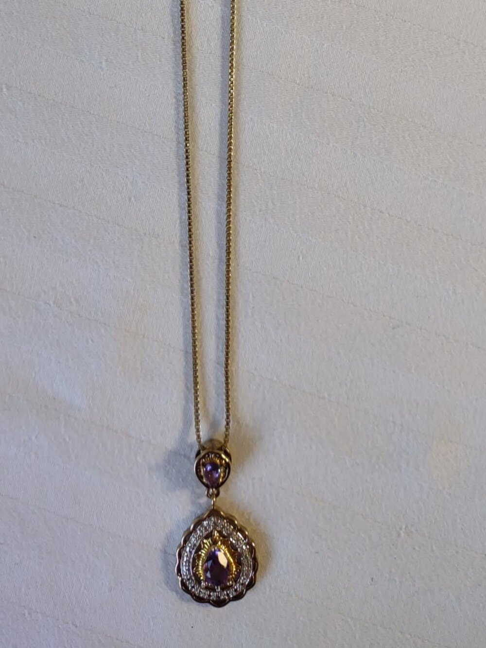 Necklace-2 Amethyst Stones Pendant- + 17.5" Box Chain - Sterling Silver 925 - Picture 7 of 14